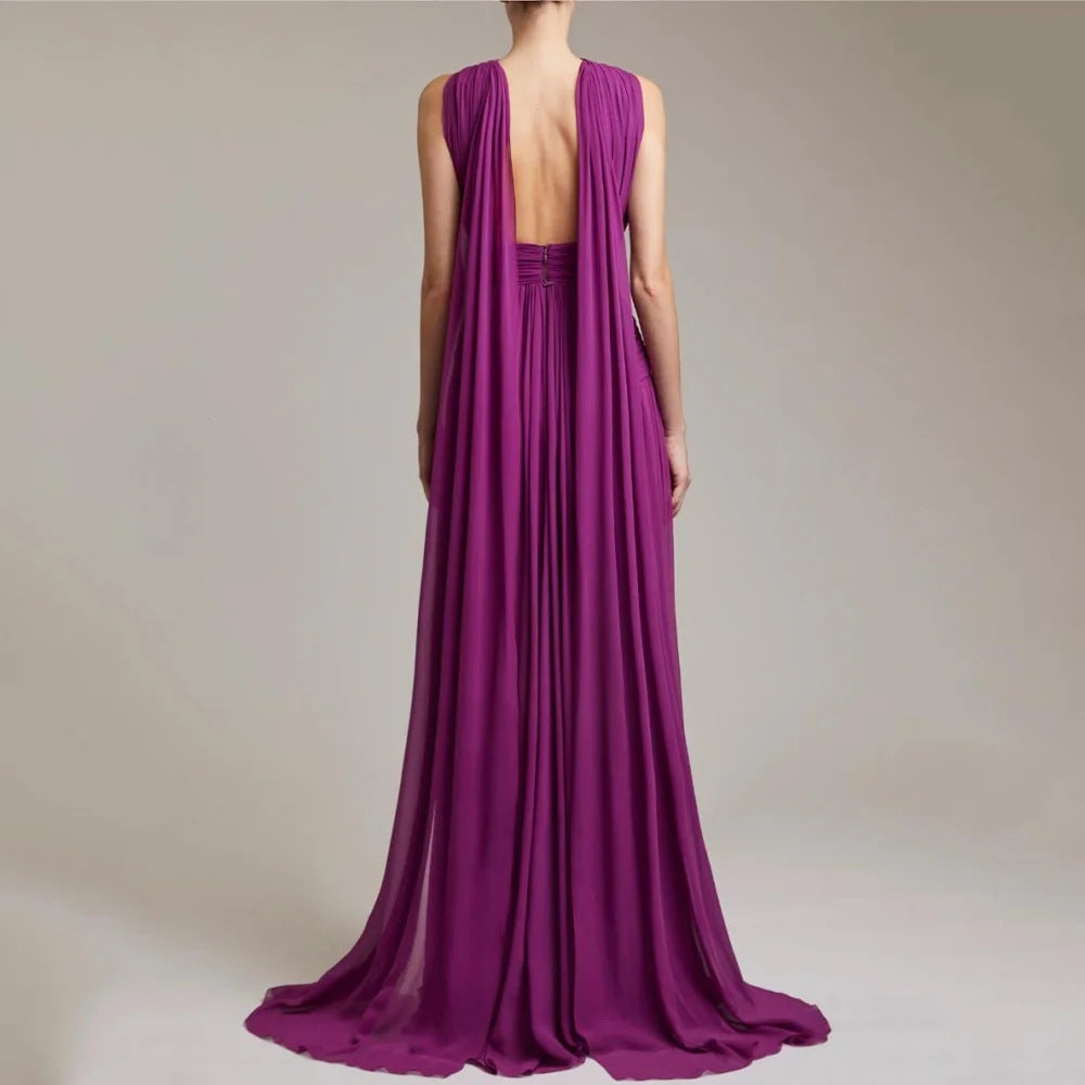 Twist Halter Keyhole Cross Rudched Chiffon Longueur du sol Robe de soirée Maxi