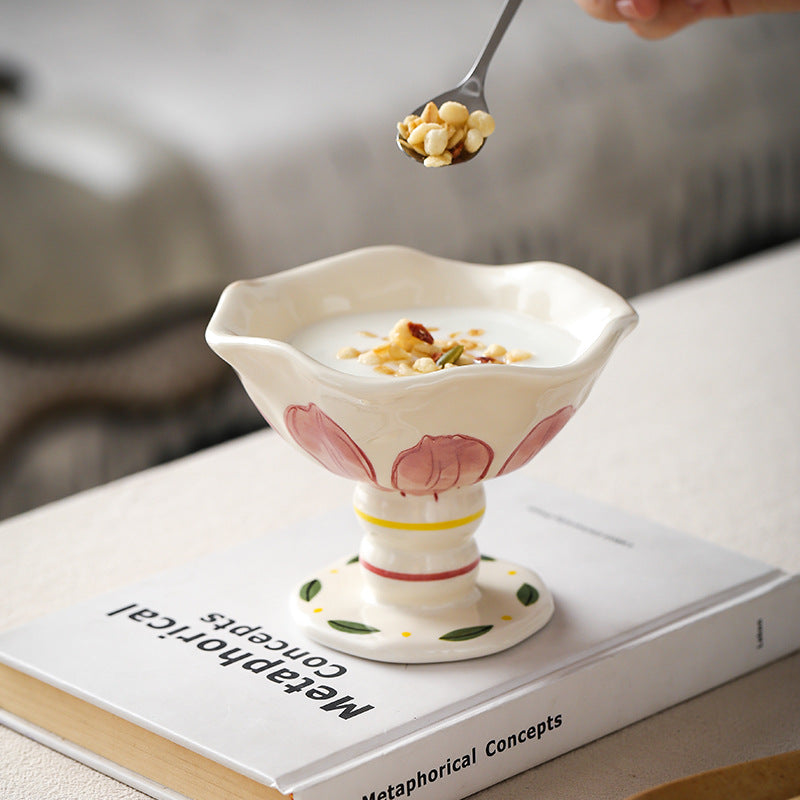 Underglaze Décoré Céramique High Footed Cup Ice Cream Bowl Dessert Cup