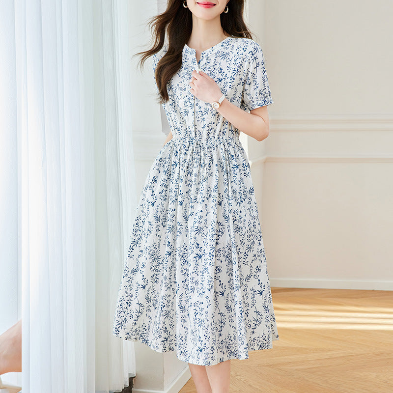 Blue and white porcelain print Chinese style women's dress