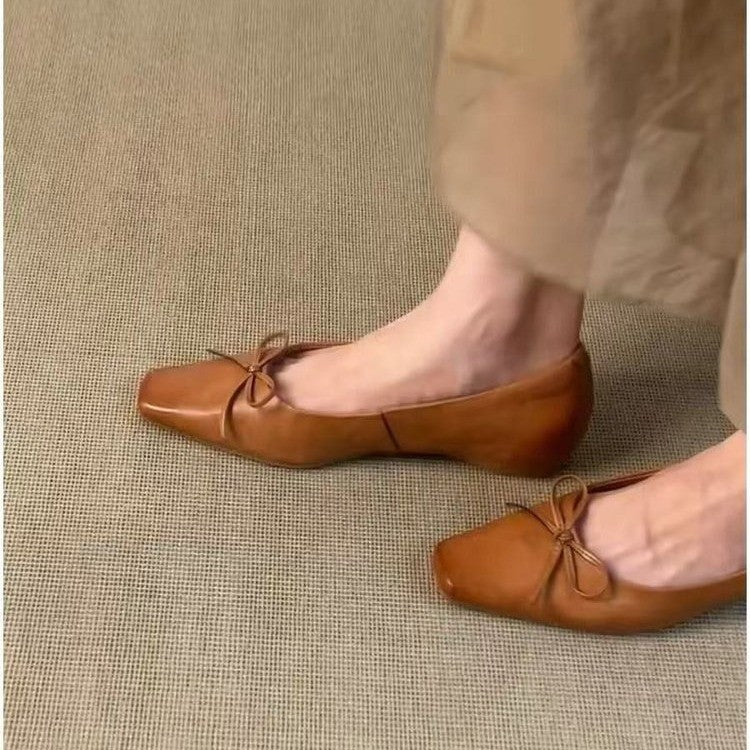 Littéraire Française Rétro Bow Basse Coupe Plats en Cuir Véritable