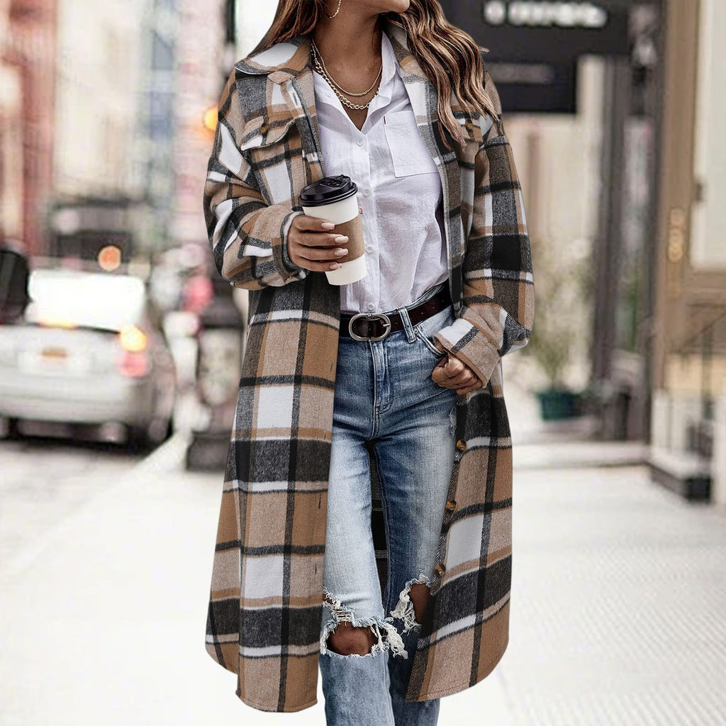 AutomneHiver Lapel Drop-Shoulder Casual Plaid Shirt avec poches de patch