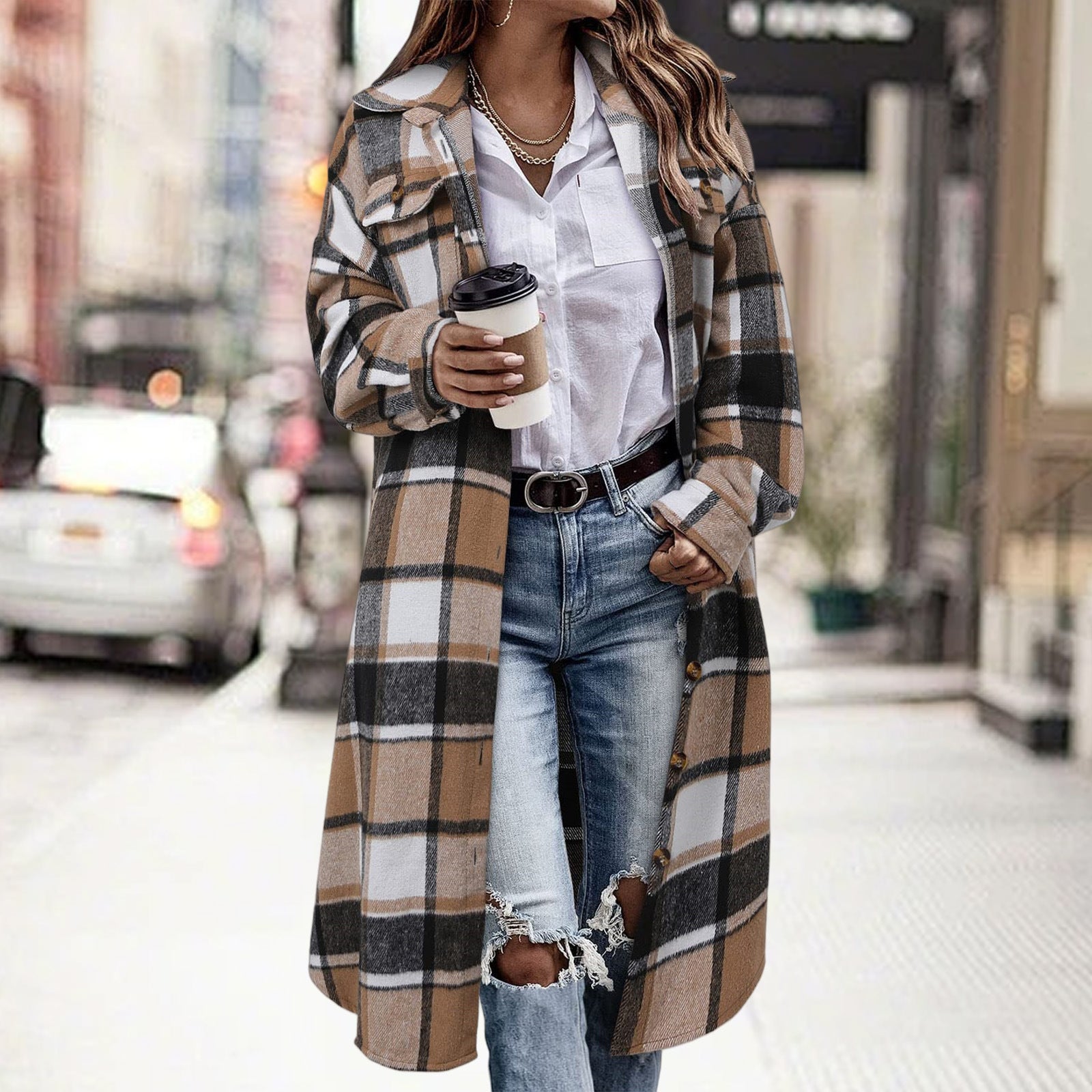 AutomneHiver Lapel Drop-Shoulder Casual Plaid Shirt avec poches de patch