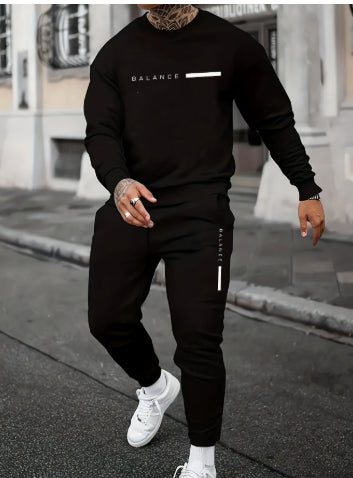 Sweat-shirt à col rond imprimé homme et ensemble de pantalons longs