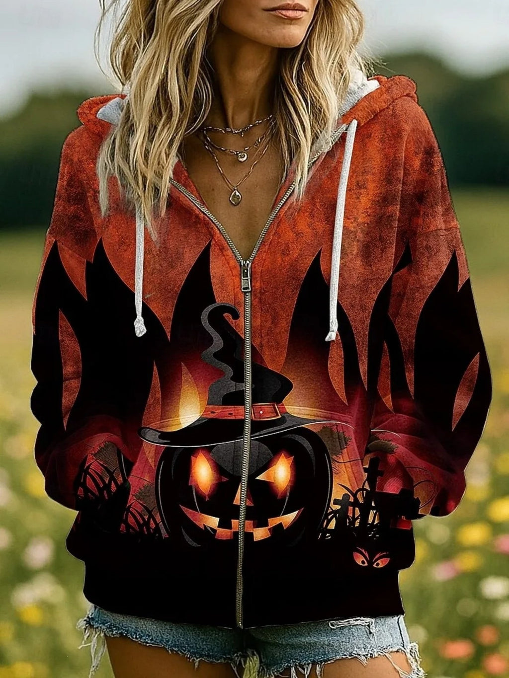 European And American Style Halloween à capuche Cardigan Femme Top Creative Skull Floral Wi