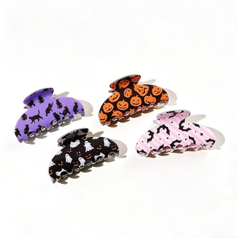 Clip de griffe de requin d'Halloween - Ghost Pumpkin Black Cat Print Hair Accessory for Women Girls P