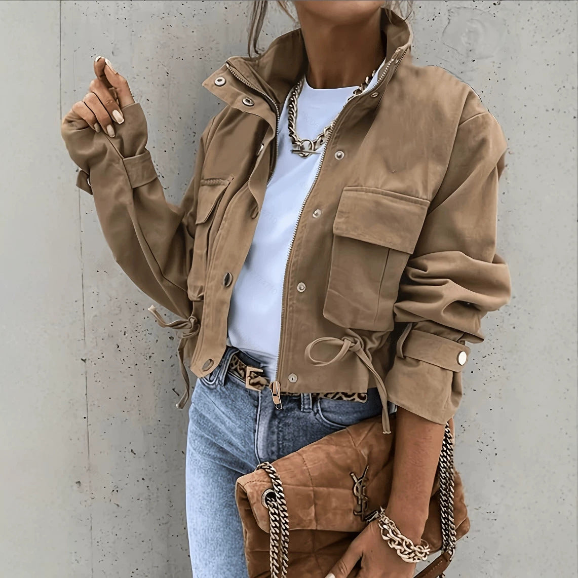 Veste femme à manches longues de style mandarin-collier Biker