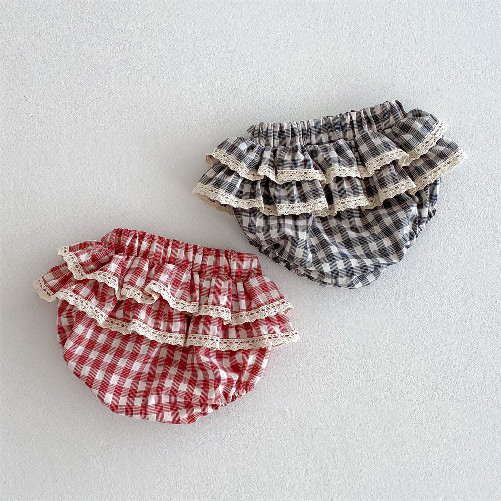 Filles Plaid Dentelle Culottes avec double couche Ruffled Trim