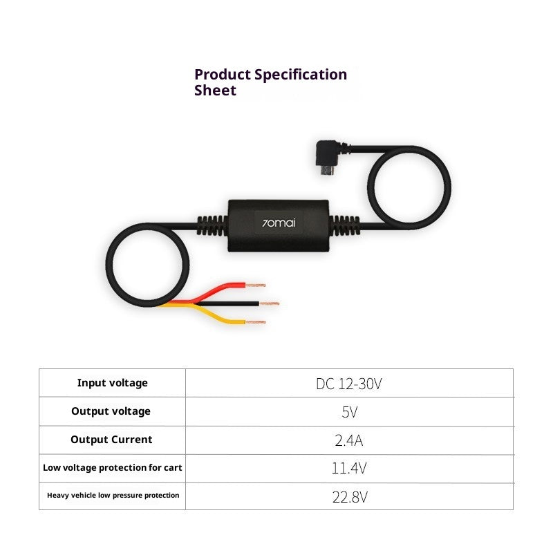 Dash Cam Smart Rearview Mirror 24 heures Parking Surveillance Câble 70mai Universal