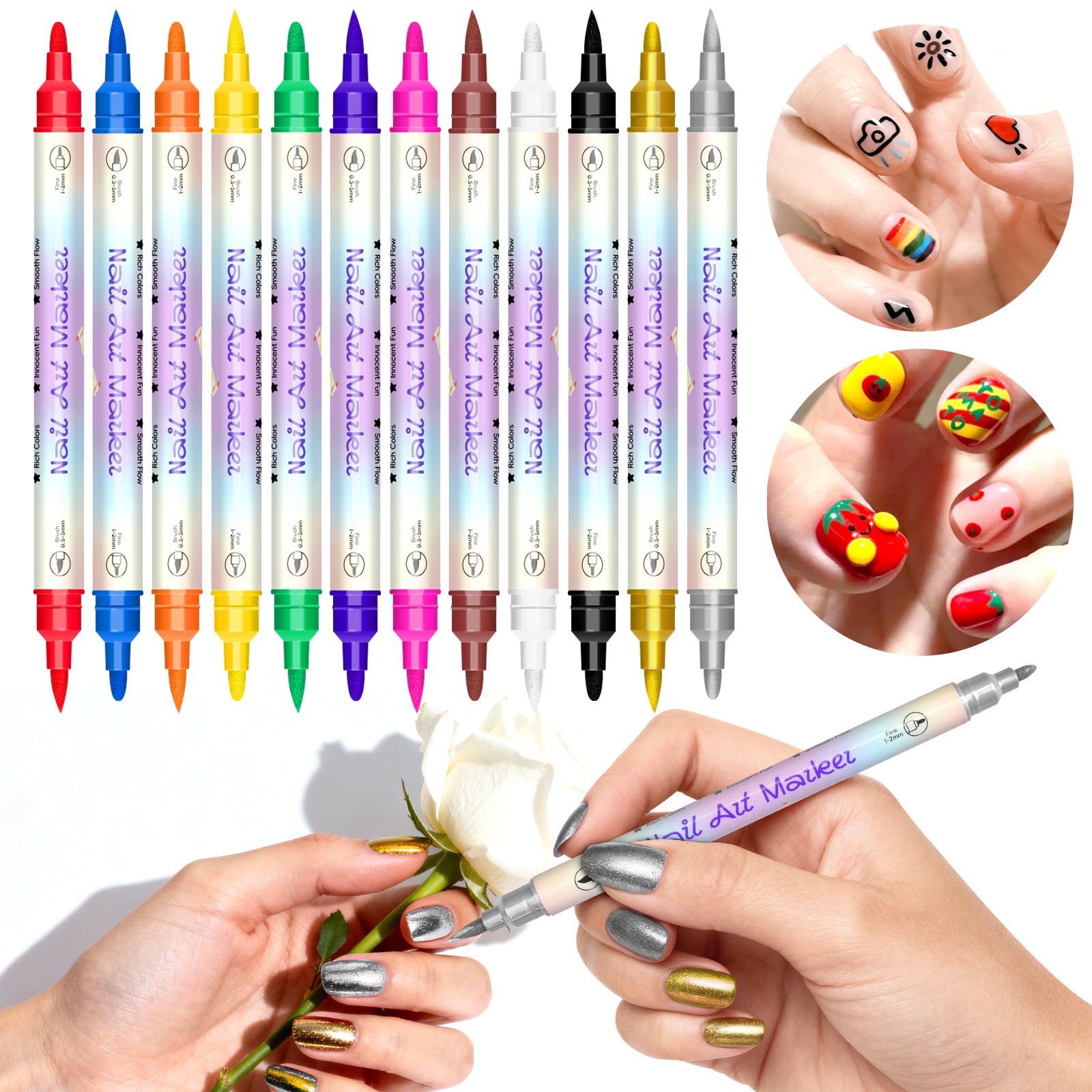 Stylo à ongles Art Graffiti 12 couleurs imperméable à l'eau Stylo à ongles acrylique à séchage rapide
