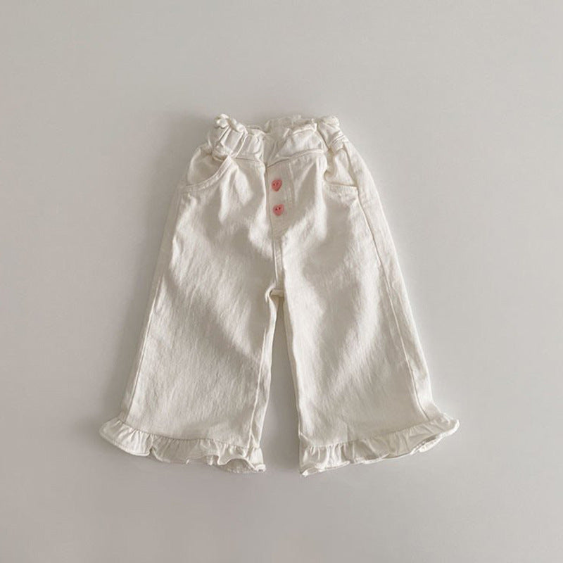 Printemps bébé fille Rétro oreille en bois Casual dentelle Pantalon large-lég enfant Pantalon de mode