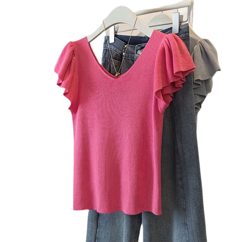 Women's Ruffled Solid-Color Knit V-Neck Short-Sleeve Top