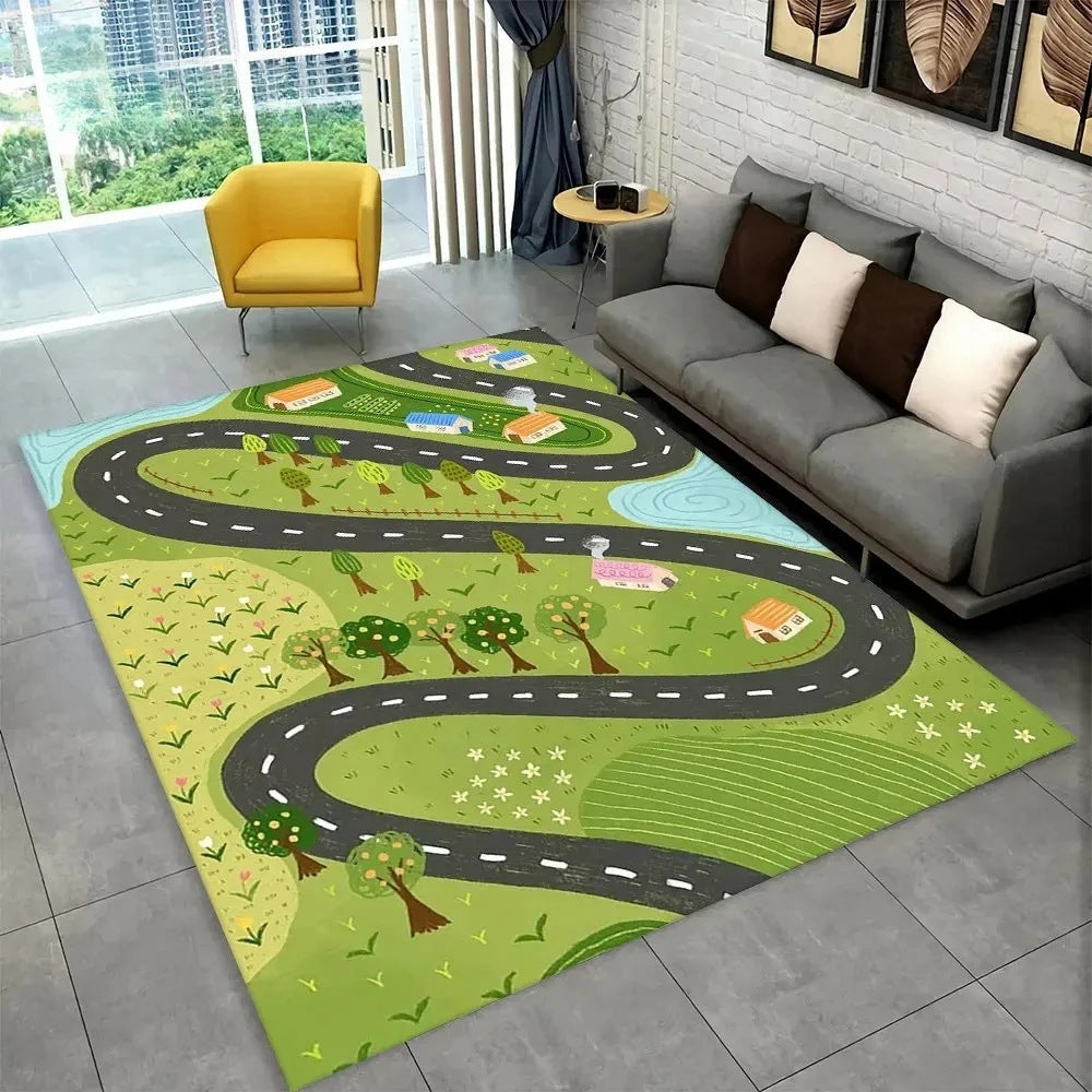 Fun Racing Track Flannel Floor Mat Non-Slip Home Décor Rug pour les enfants chambres et aires de jeux