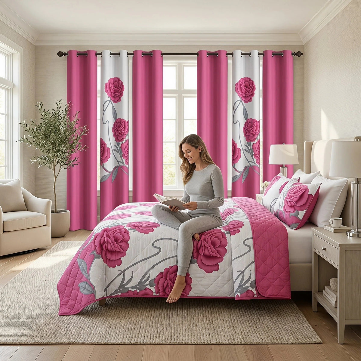 Couche de lit et rideau rose et rose blanc 9 pièces pour la Reine Et Roi
