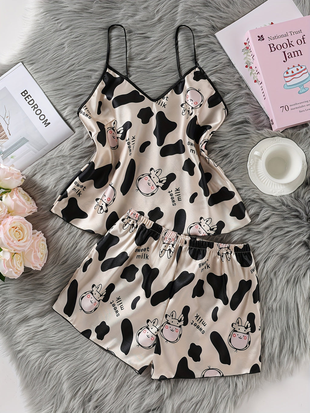 Femme Silk Cow Print Cozy Cool Home Jumpsuit Short Set