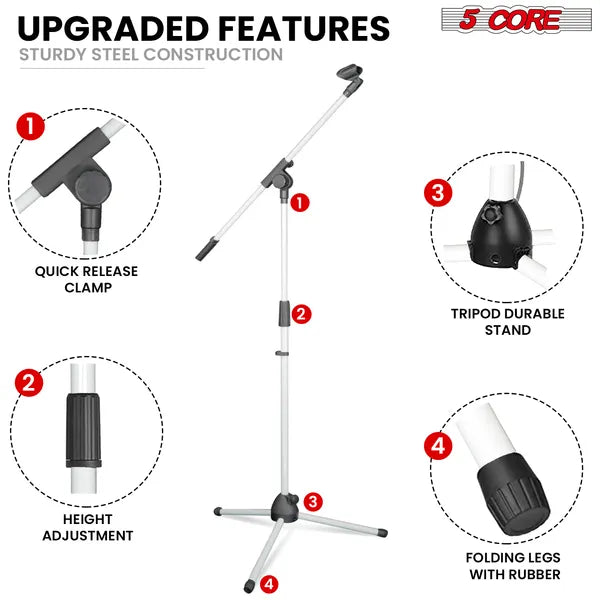 5 Core Tripod Mic Stand Plancher réglable 18 à 72 pouces Support de bras robuste Microphone