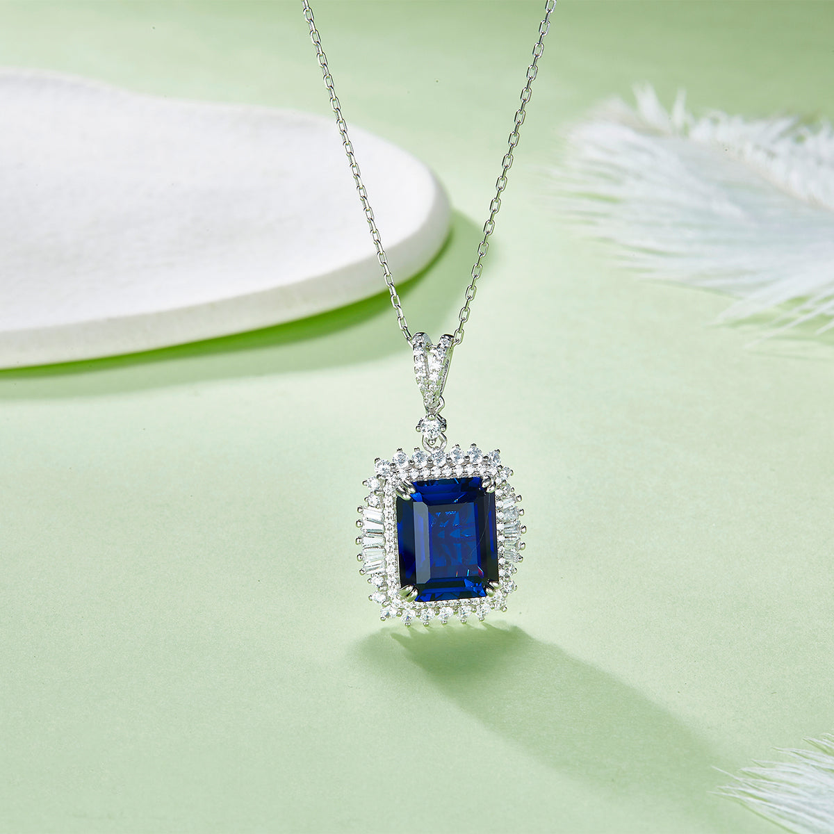 S925 Sterling Silver 10x12mm Lab-Grown Ruby Sapphire Emerald Halo Pendant Necklace