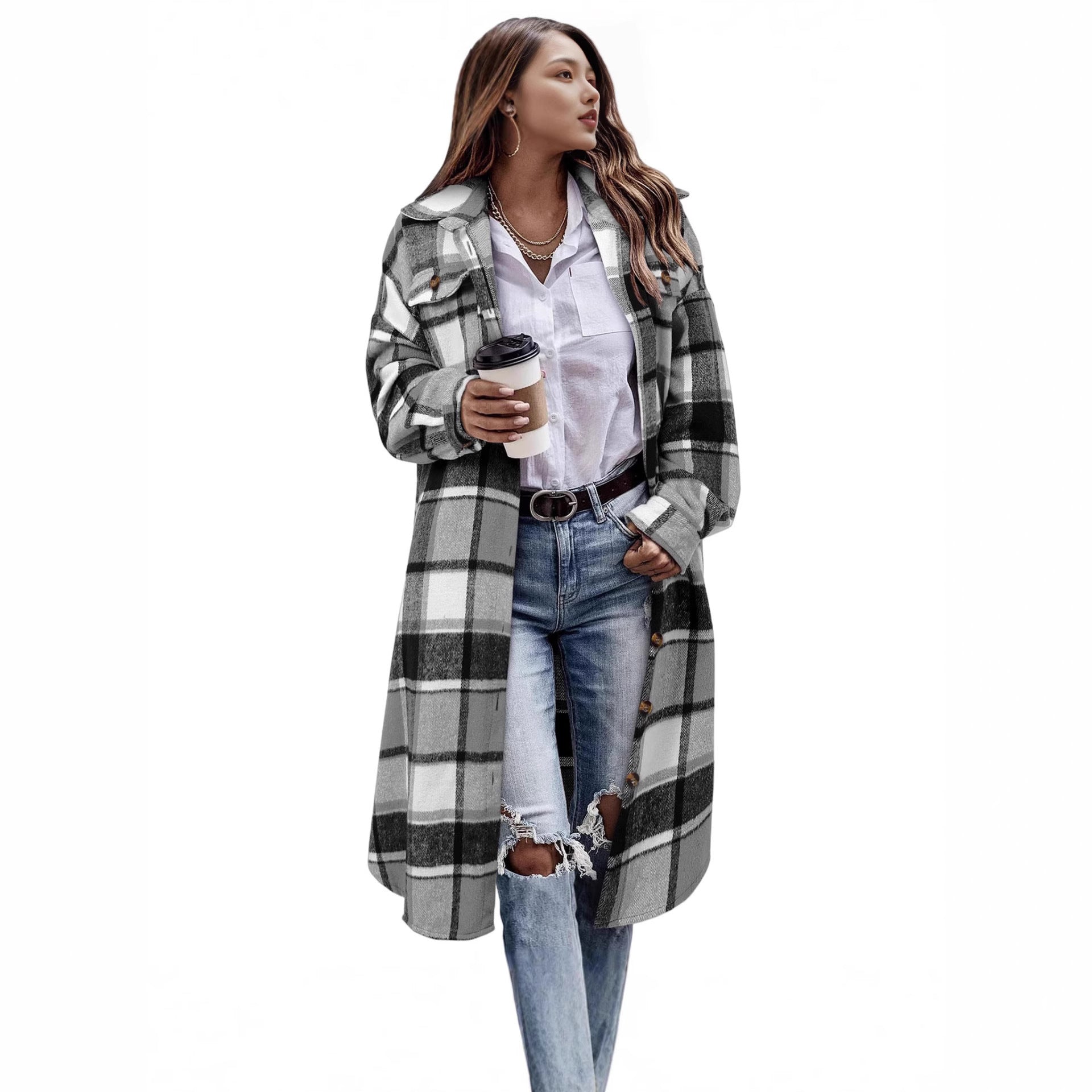 AutomneHiver Lapel Drop-Shoulder Casual Plaid Shirt avec poches de patch