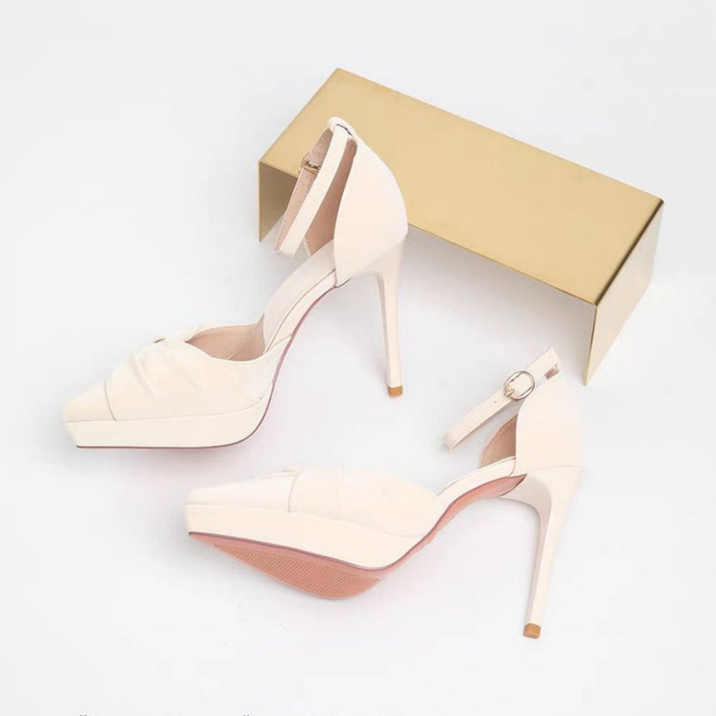 Femmes plissée plate-forme d'orteil carré talons hauts bracelet en cheville Stiletto Pompes Soirée de mariage Dres