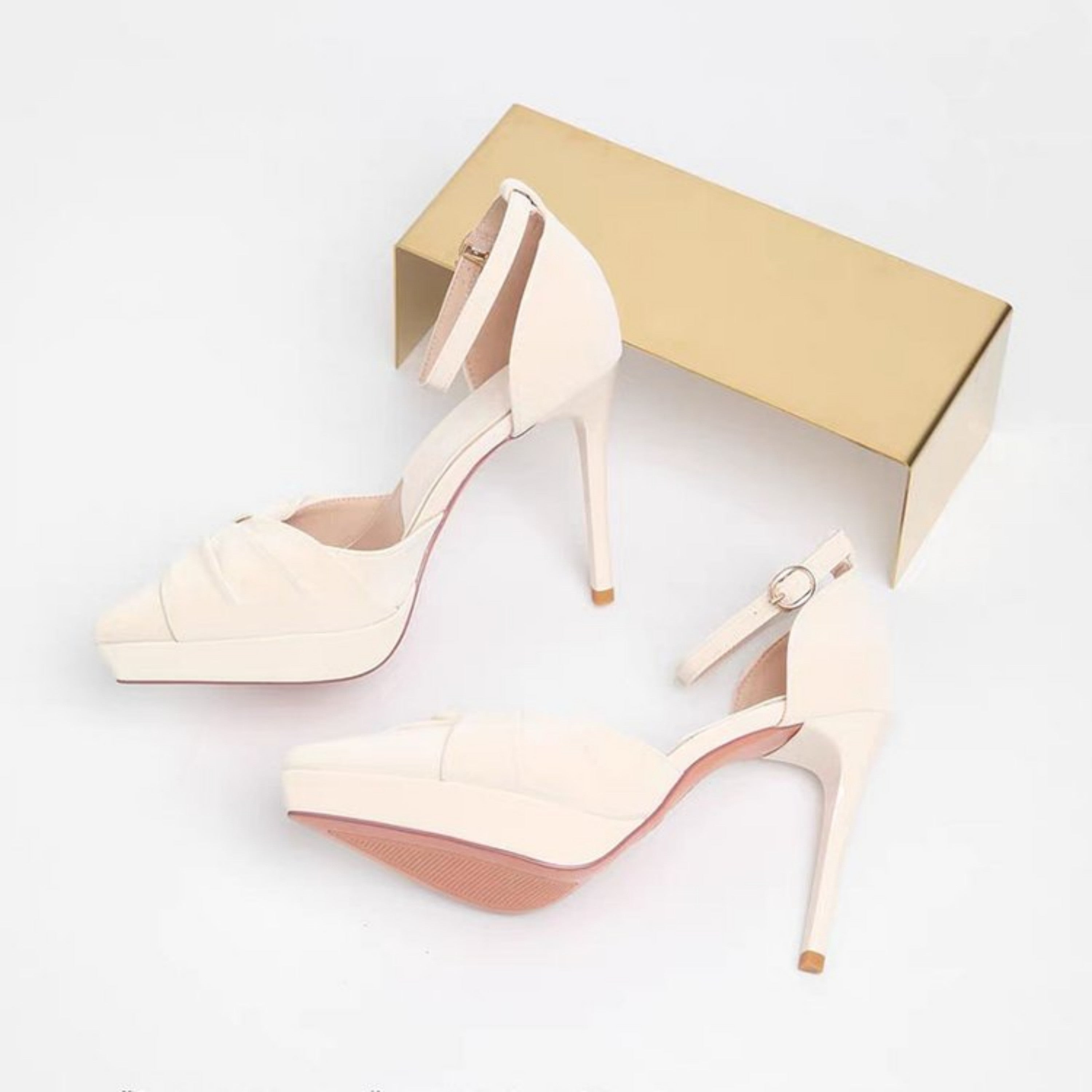 Femmes plissée plate-forme d'orteil carré talons hauts bracelet en cheville Stiletto Pompes Soirée de mariage Dres