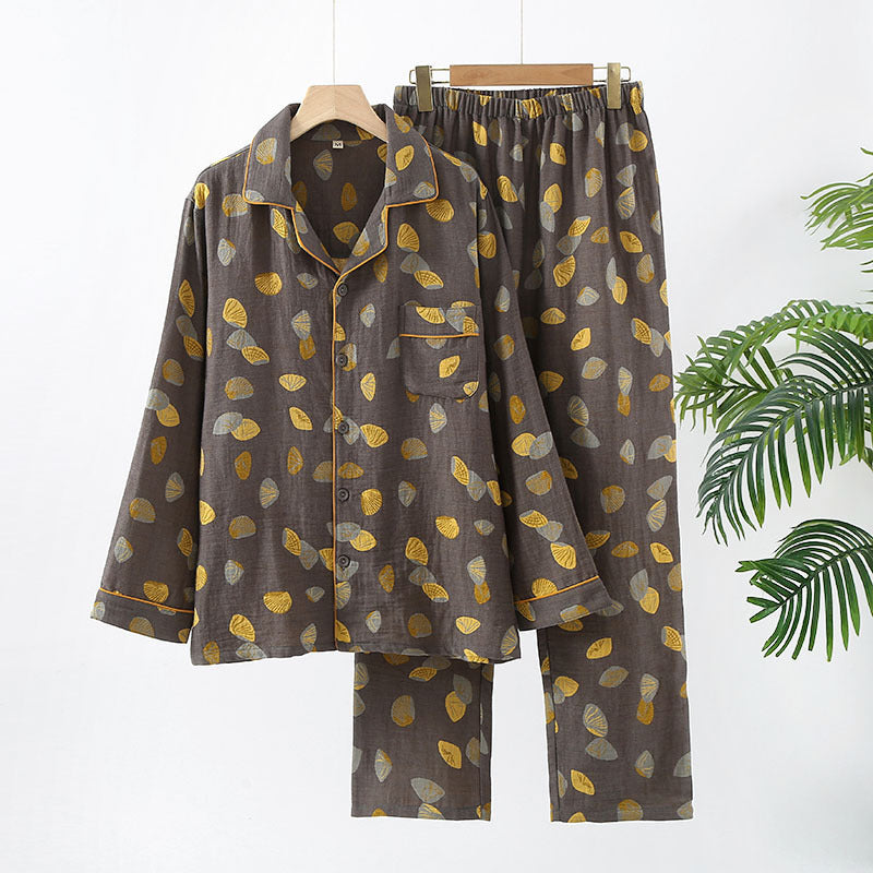 Pure Cotton Double couche Sheer Homme manches longues Jacquard Pajama Set