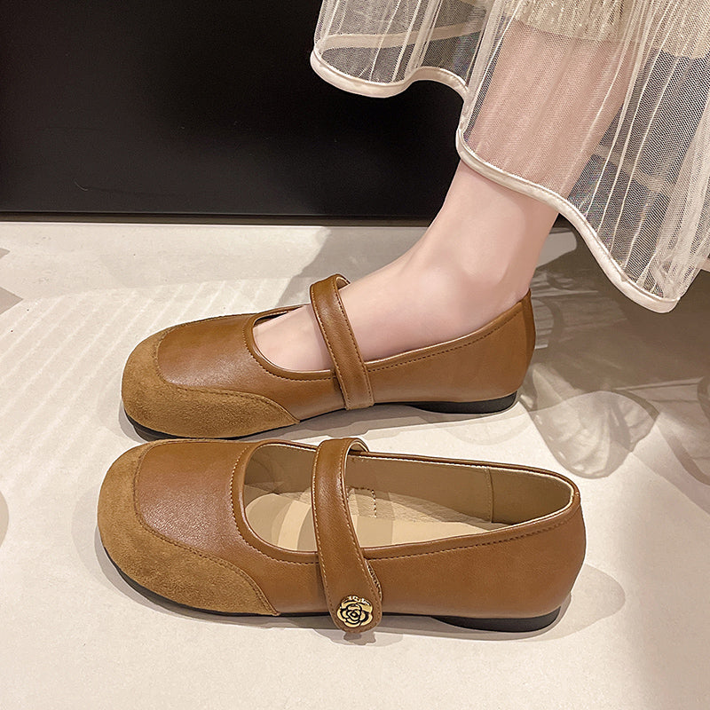 Mocassins d'orteils ronds Femmes Printemps Français Vintage Shallow Bouche Pompes Une Strap Buckle Mary Ja
