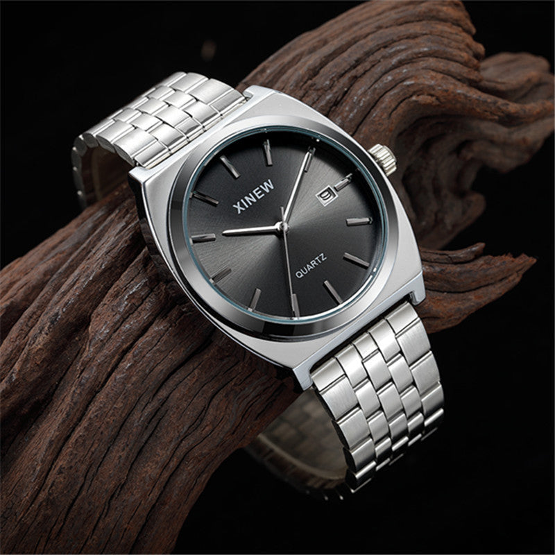 Style étudiant Bracelet en acier inoxydable à la mode calendrier Quartz hommes montre