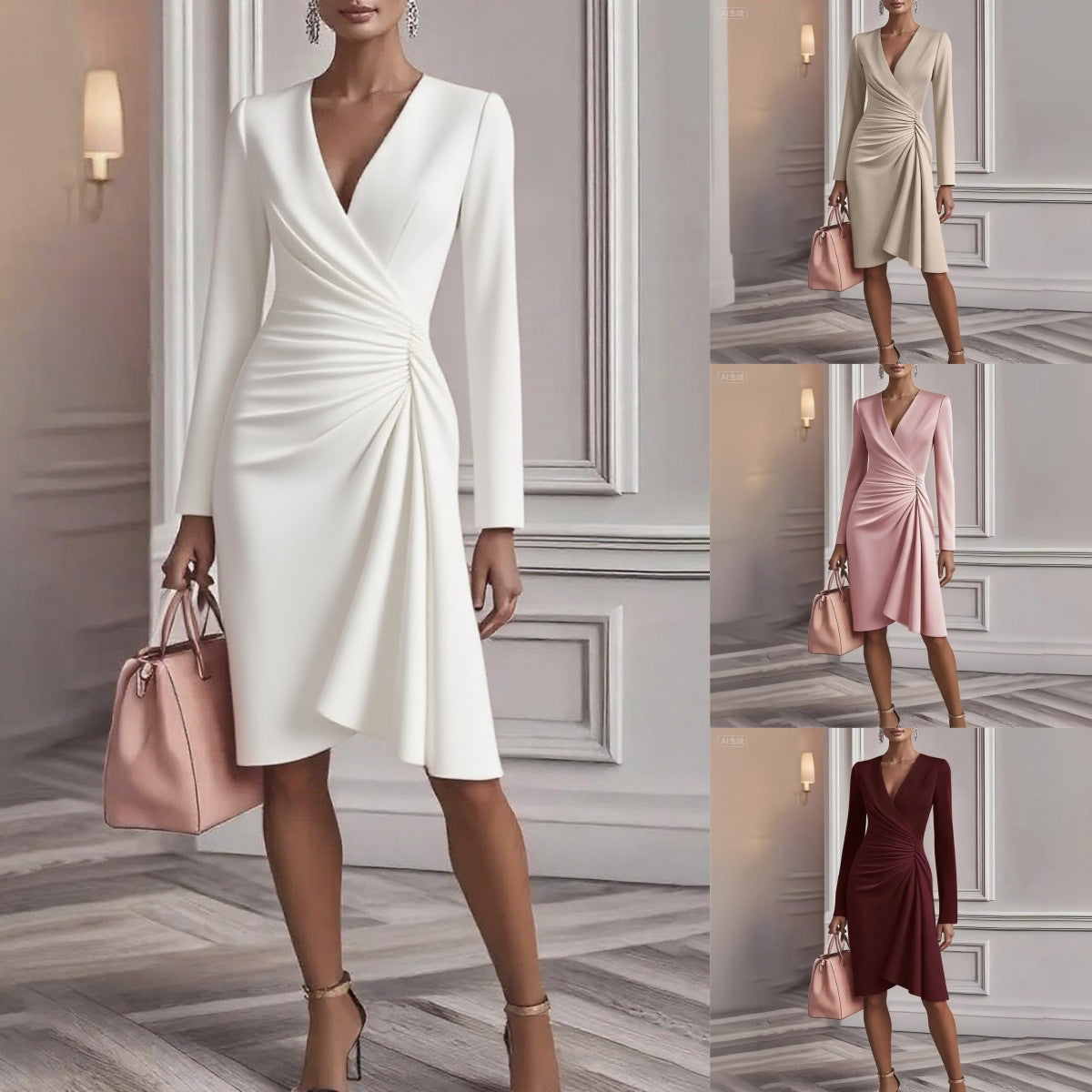 European And American Amazon Autum Fashion Cross V Neck Waist Pure Color Dres à manches longues