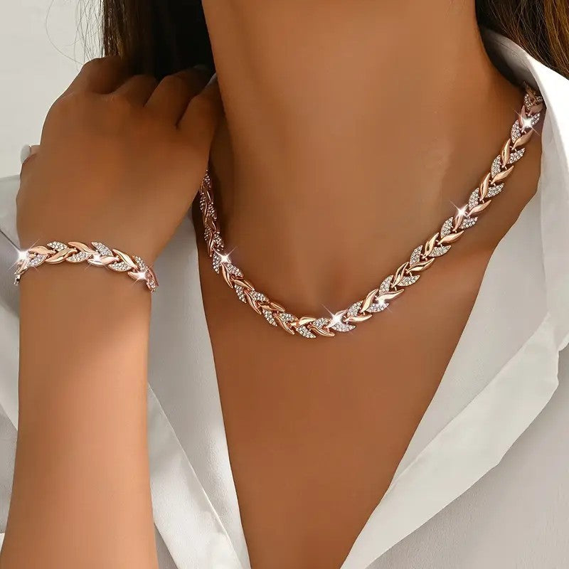 2PCS Collier de collier de feuille de verre Set Élégant collier chaîne en Strass Bracelet pour femme Mode