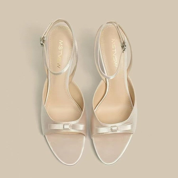 Femmes Romantique douce Mini Satin Bow Slingback Talons assortis Casual Daily