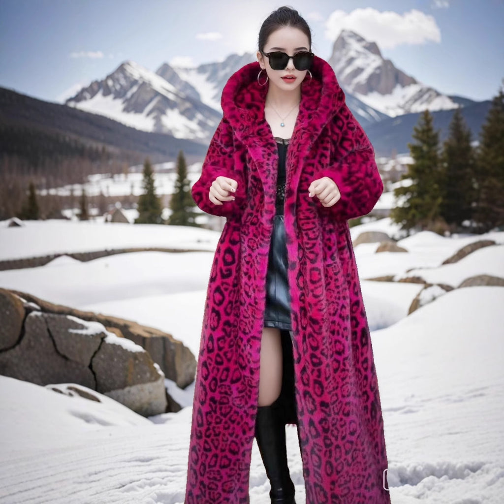 Leopard-print Longueur prolongée Sur-le-genre Faux Mink-fur Manteau