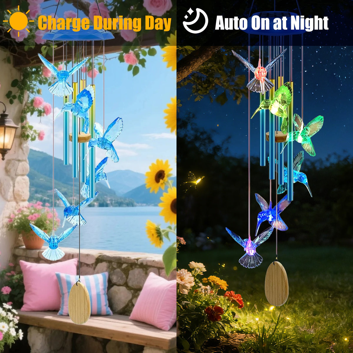 1pc Solar Butterfly Wind Chime with Aluminum Tubes 7-Color Changing Wind Chime for Outdoor