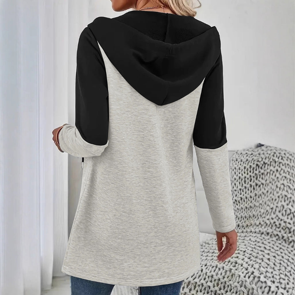 Femmes Couleur Block Zip Up Cardigan à capuche Longue Manches Drawstring Casual Mid Longueur Veste W