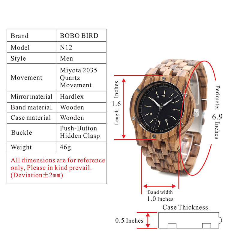 Montre Quartz de style pointeur en bois