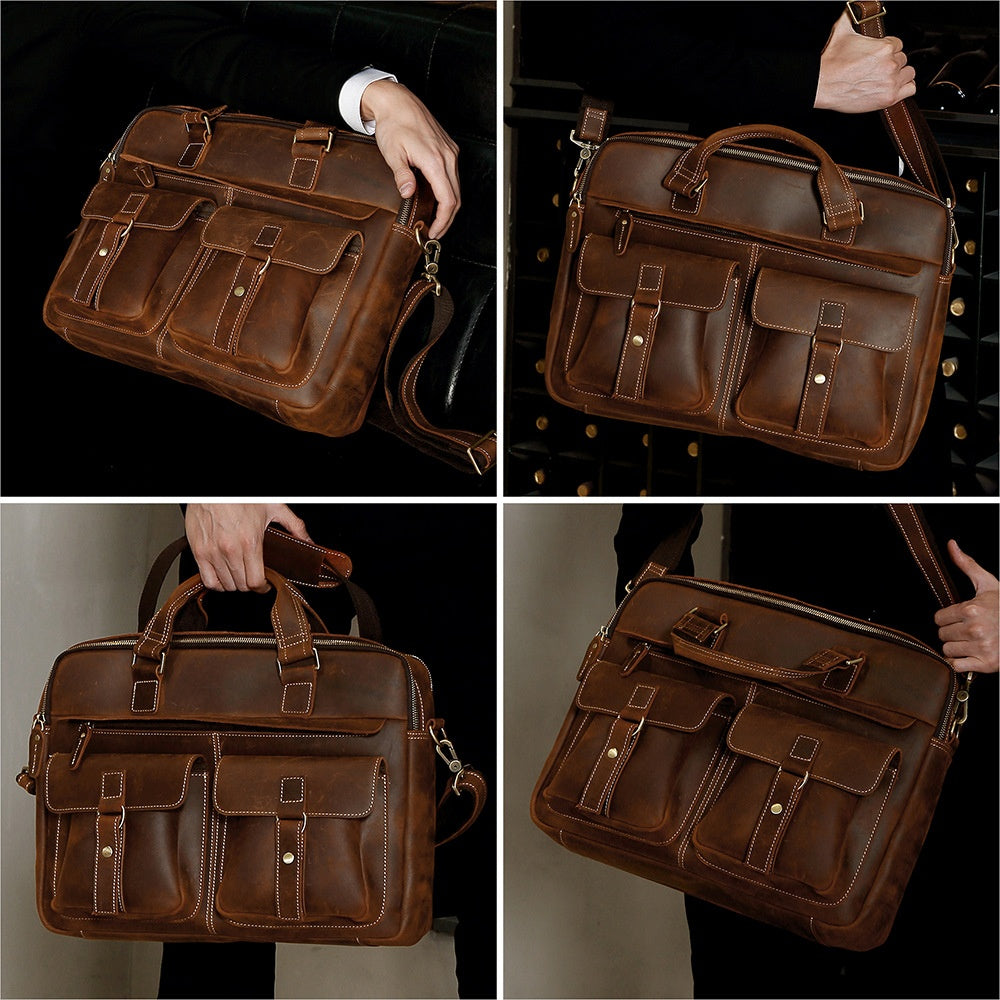 Vintage Cowhide Sac à main homme Crazy Horse Cuir Commuter Computer Sac en cuir véritable Salut