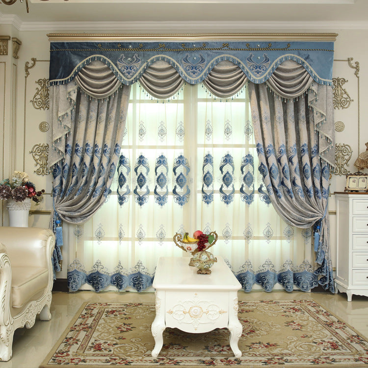 Embroidered Blue Chenille Curtains for Bedroom and Villa