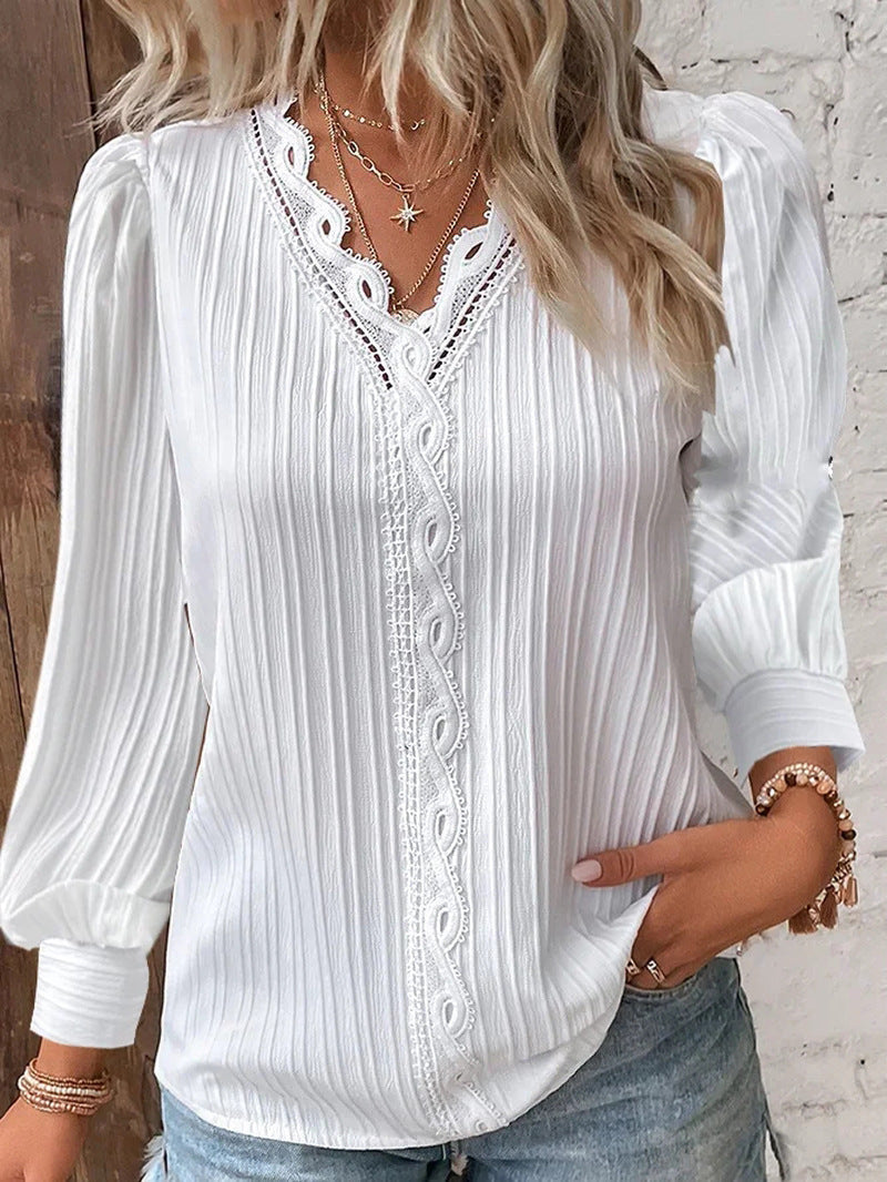 Station Indépendante Wish Amazon Style Autum à manches longues V Collier Dentelle Splicing Chemise Femmes'