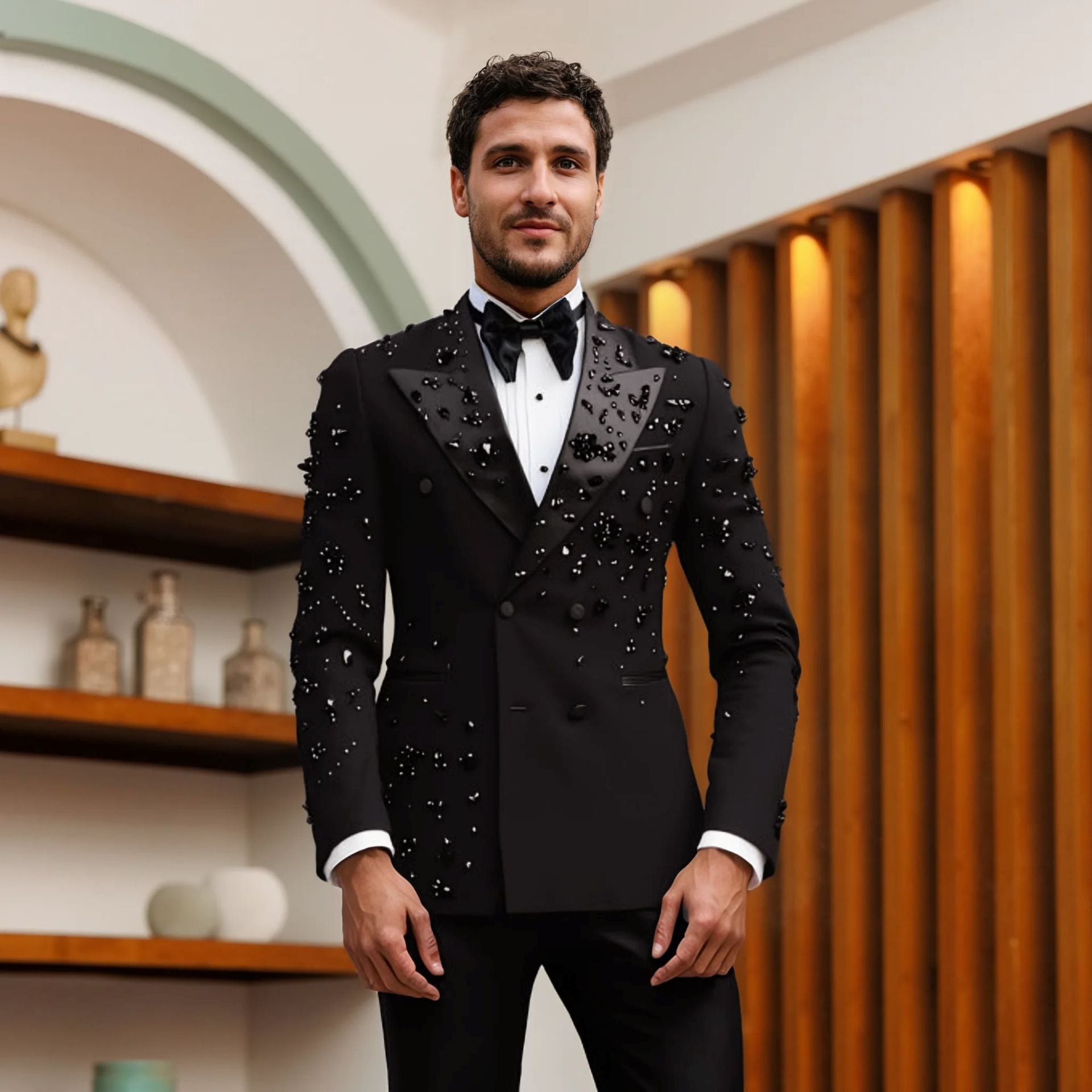 Hommes Black Satin Peak Lapel Strass & 3D Floral Embellished Double Breasted Tuxedo Deux-P