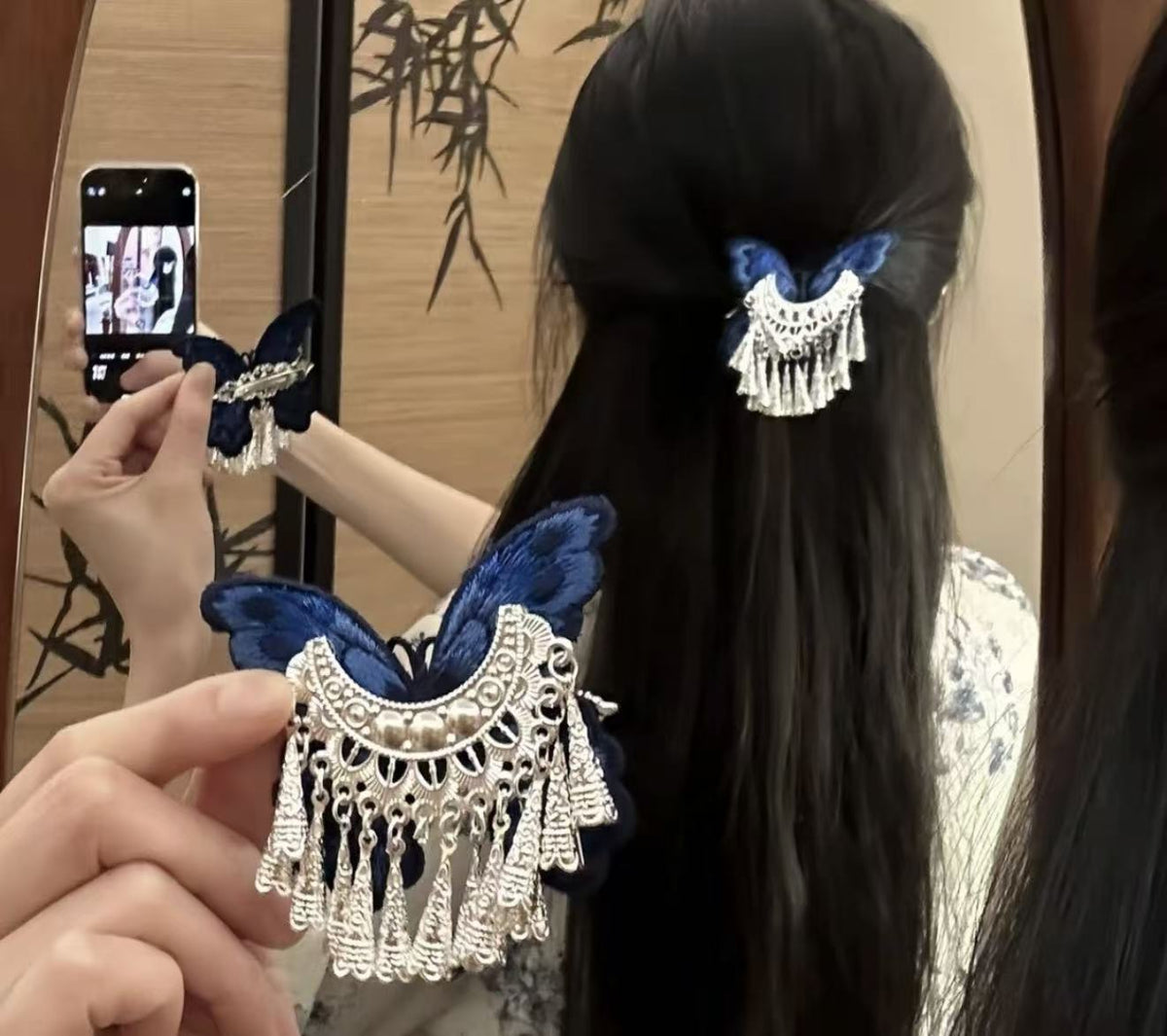 Vintage bleu papillon-brodé argent-bell coupe cheveux