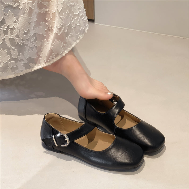 Ballet français Mary Jane Pompes Femmes Été Mode peu profonde Ceinture de bouche Buckle Flat Square T
