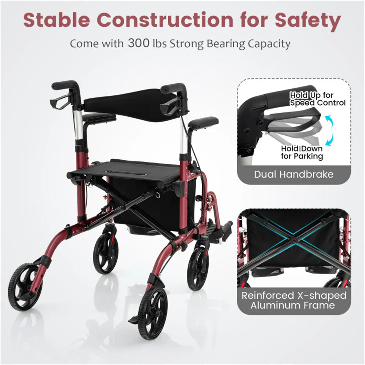 2-en-1 Walker roulant et fauteuil roulant (300lbs): poignées réglables à 6 niveaux