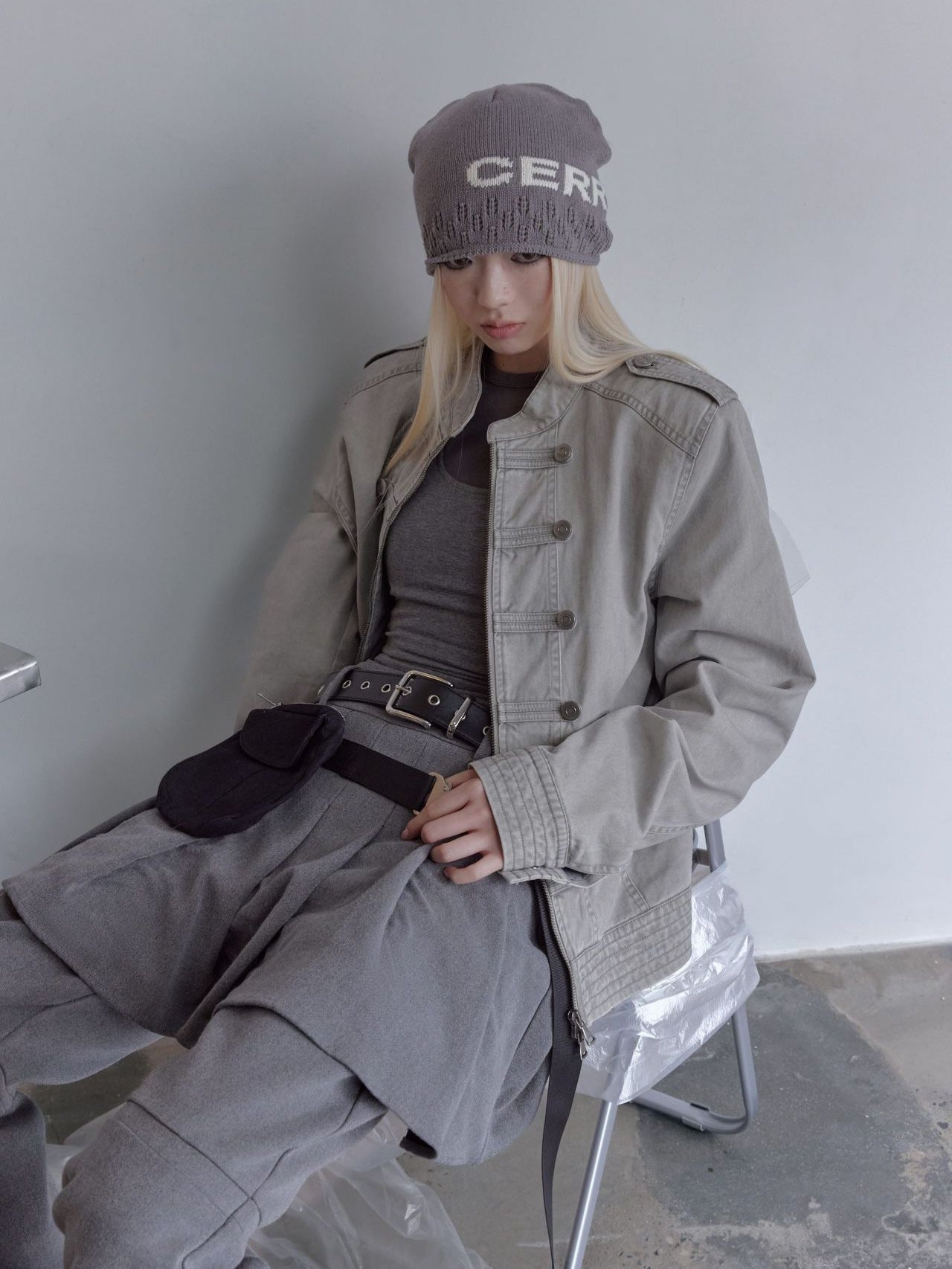 Style militaire Stand Collar Croped Denim Veste