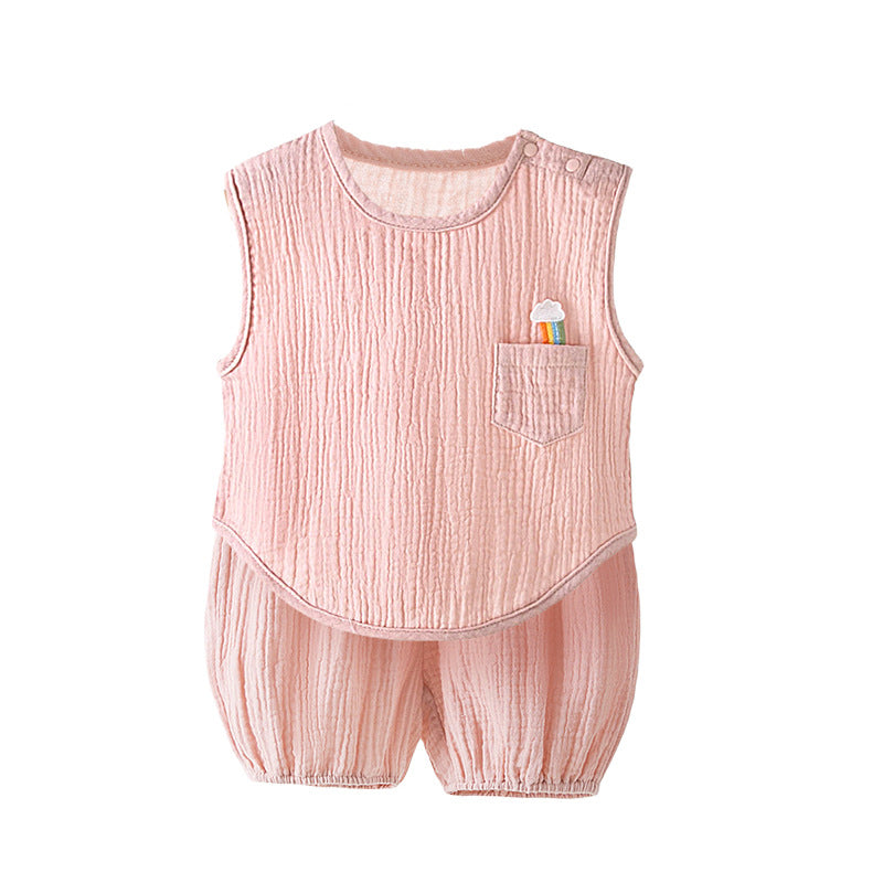 T-shirt de fil de coton pur d'été et short mince pour enfants