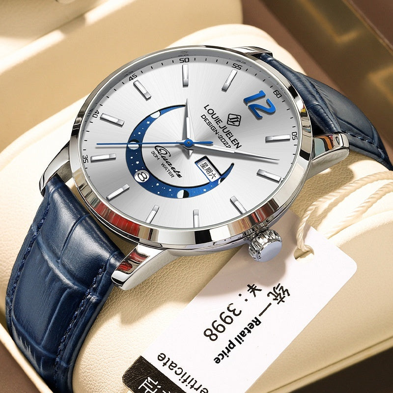 Master Moon Phase Luminous Waterproof Wrist Watch La mode masculine véritable bracelet en cuir