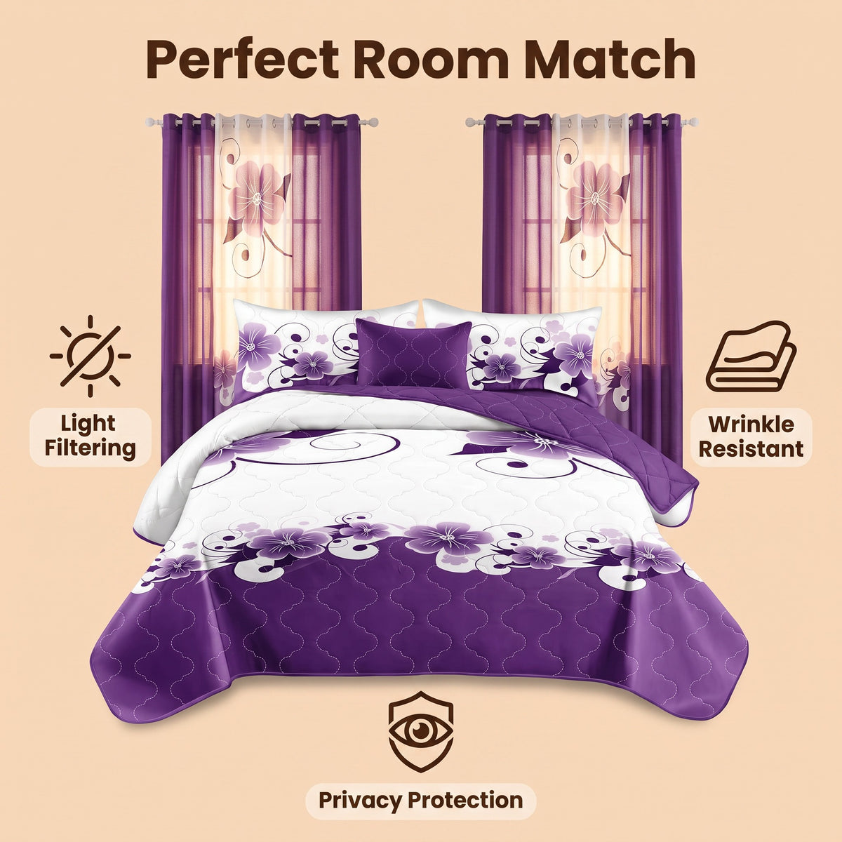 9-Piece pourpre et blanc jardinia couvre-lit et rideau