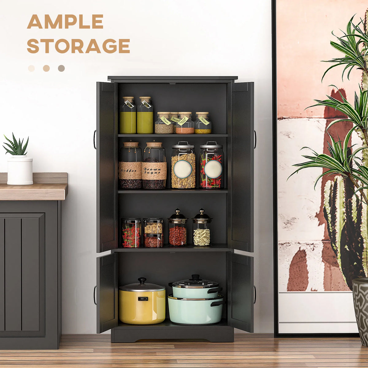 Armoire de rangement 4 portes de 48" Multi-Storey Large Space Pantry avec étagères réglables noir