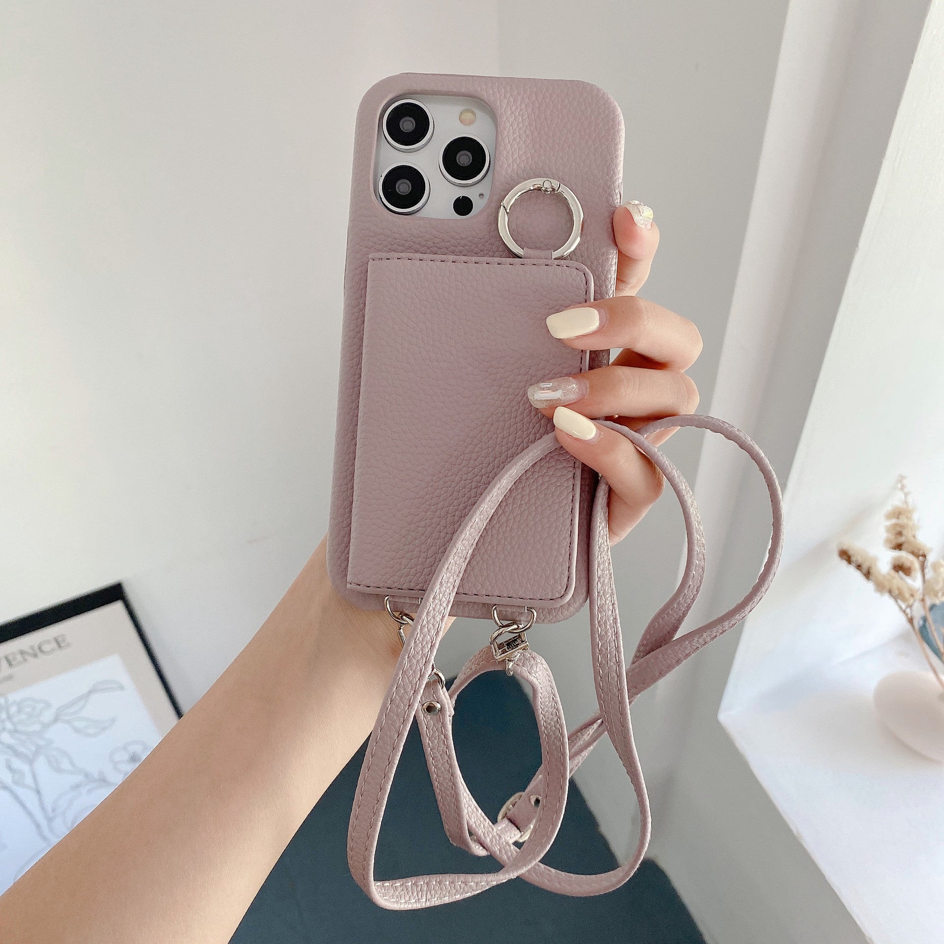 Motif Lychee Gauche et Droite Ouvert Miroir Beauté Étui de téléphone Lanyard