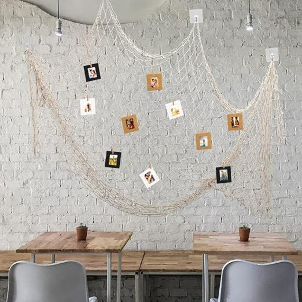 Jeu d'affichage photo du filet de pêche - 100x200 Cm Net avec clips cardiaques et cadre pour décoration murale - P