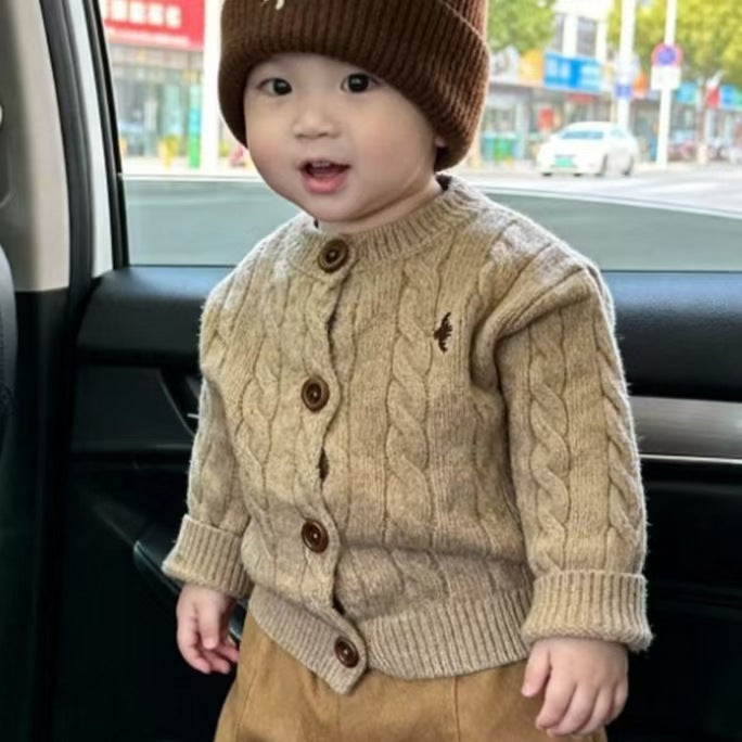 Garçons de style coréen Automnehiver Khaki Brodé Cable-knit Épaisseur Chandail