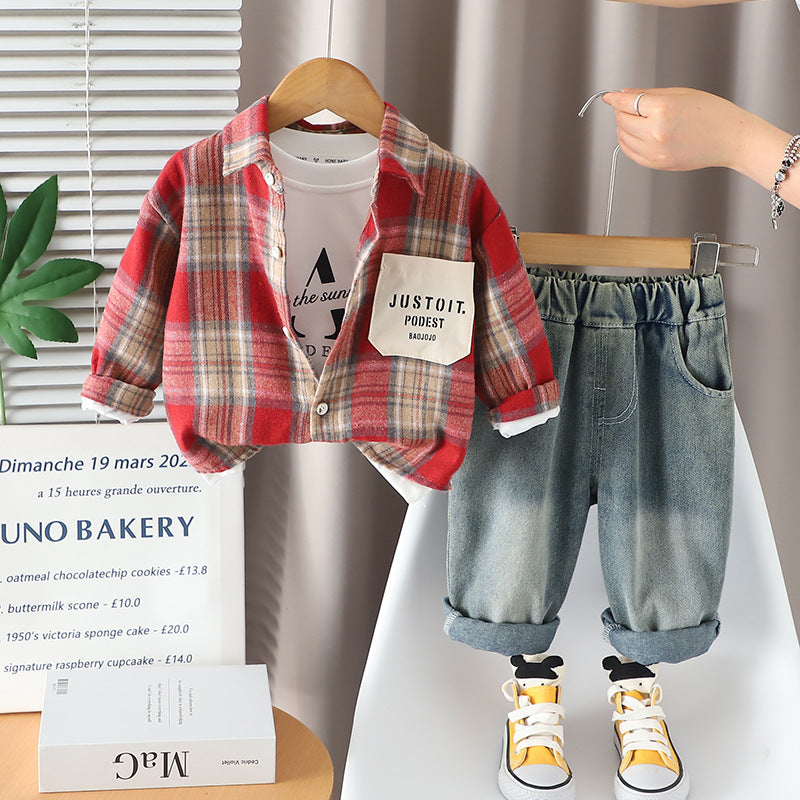 Chemise en Plaid pour Enfants avec Pockets 3 pièces Trendy Outfit