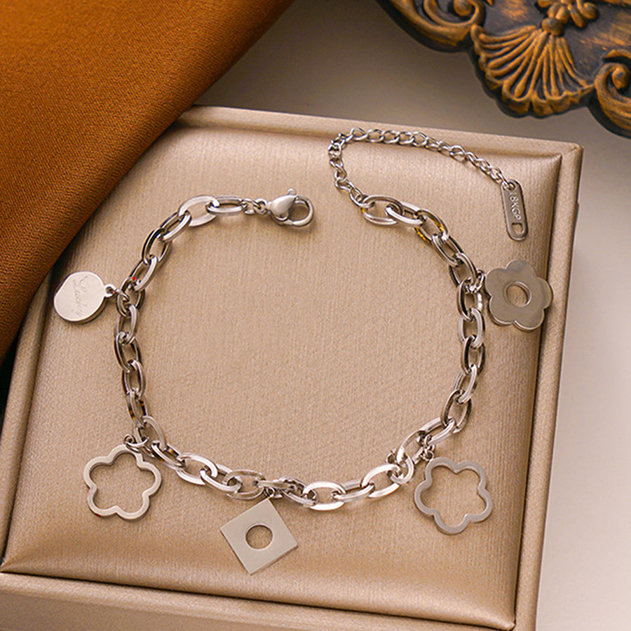 Femmes Multi Bracelet de Charme Fleur de Clover Hollow chanceux gravé Tag Paperclip Chaîne Or Si
